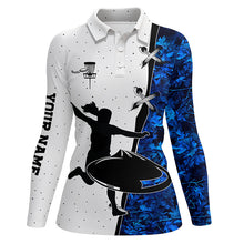 Load image into Gallery viewer, Womens disc golf polo shirts custom name blue camouflage disc golf team shirts, disc golf gifts NQS7311