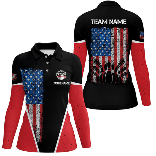 Personalized retro Bowling polo Shirt for women vintage American flag patriotic custom Bowler Jerseys NQS6423