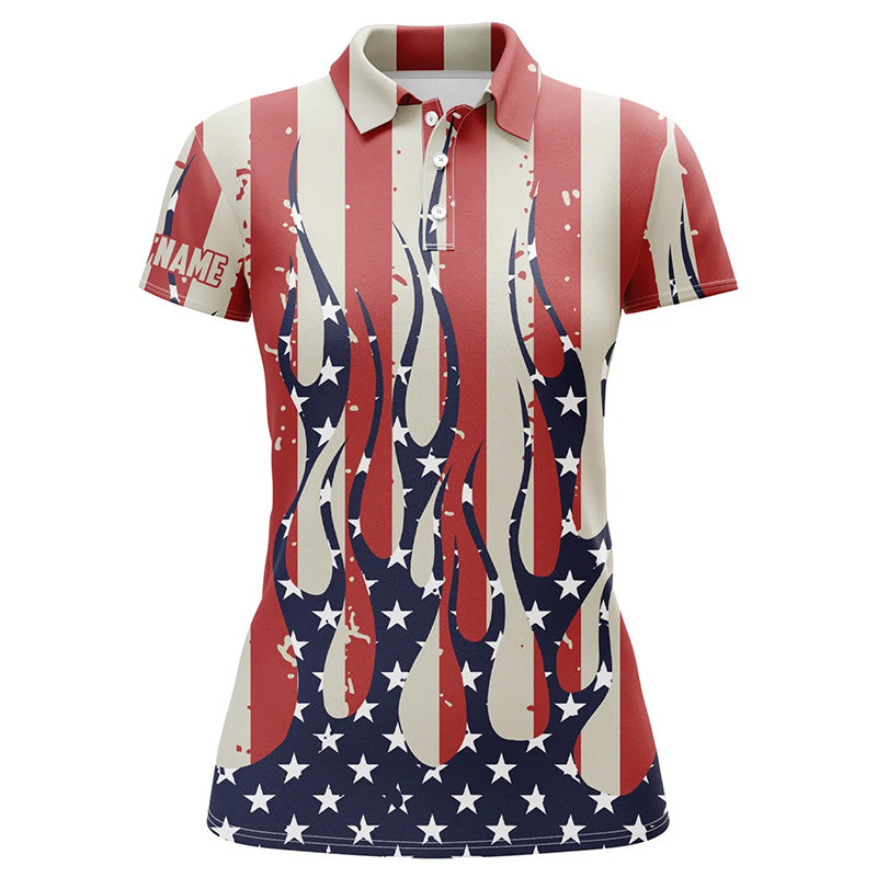 Womens golf polo shirt custom American flag fire female golf attire for women, ladies golf tops NQS7057