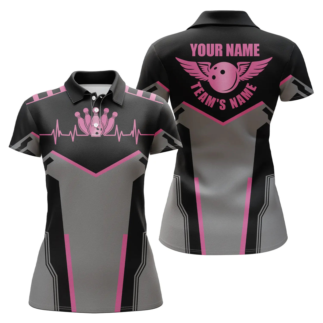 Bowling shirts for women custom name and team name Bowling Ball and Pins womens polo Shirts | Pink NQS4764