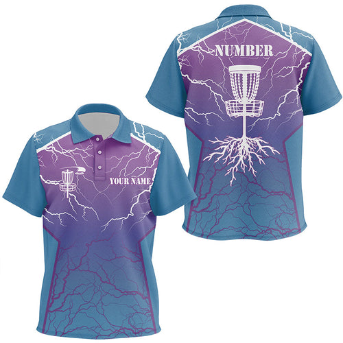 Blue purple Kid Disc golf polo shirts lightning thunder custom disc golf jersey, frisbee golf shirt NQS7318