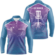 Load image into Gallery viewer, Blue &amp; purple Mens Disc golf polo shirt lightning thunder custom disc golf jerseys, frisbee golf shirt NQS7318