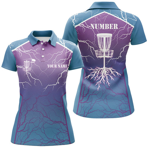 Blue purple Womens Disc golf polo shirt lightning thunder custom disc golf jerseys, frisbee golf shirt NQS7318