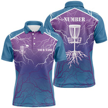 Load image into Gallery viewer, Blue &amp; purple Mens Disc golf polo shirt lightning thunder custom disc golf jerseys, frisbee golf shirt NQS7318