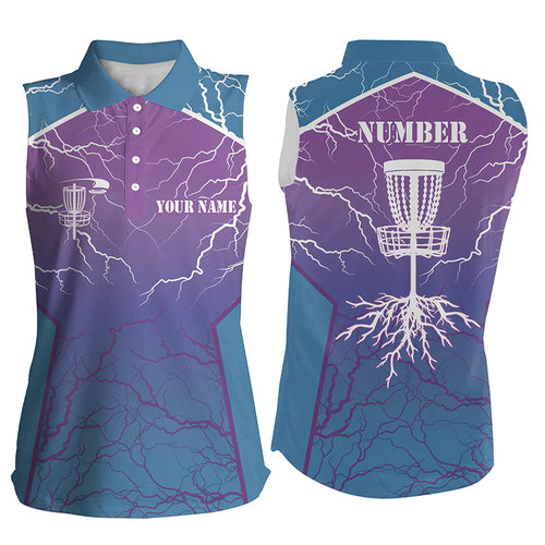 Blue purple Women sleeveless polo shirts lightning thunder custom disc golf jersey, frisbee golf shirt NQS7318