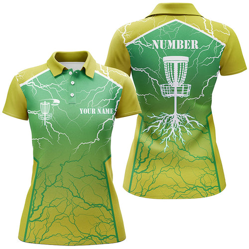 Yellow green Womens Disc golf polo shirt lightning thunder custom disc golf jersey, frisbee golf shirt NQS7319