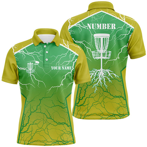 Yellow green Mens Disc golf polo shirt lightning thunder custom disc golf jerseys, frisbee golf shirt NQS7319