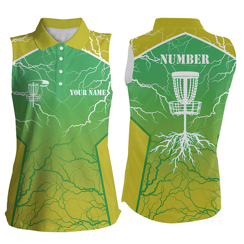 Yellow green Women sleeveless polo shirt lightning thunder custom disc golf jersey, frisbee golf shirt NQS7319