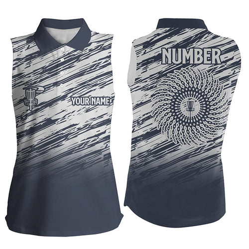 Women sleeveless disc golf polo shirt custom name, number camo disc golf jersey apparel | Blue NQS6436