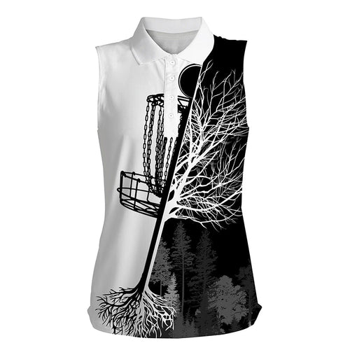 Womens disc golf sleeveless polo shirt black & white disc golf basket, personalized disc golf shirts NQS4395
