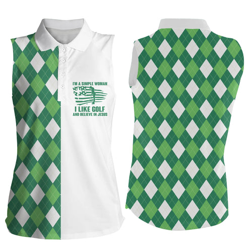 Womens sleeveless polo shirt green argyle plaid I'm a simple woman I like golf and believe in Jesus NQS5020