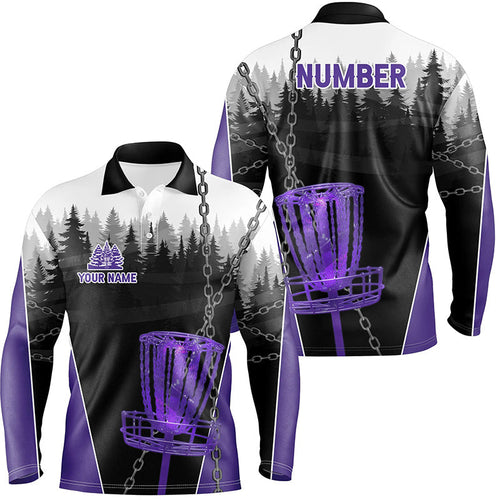 Mens Disc golf polo shirts custom black chain disc golf jerseys, frisbee golf outfit | Purple NQS7331