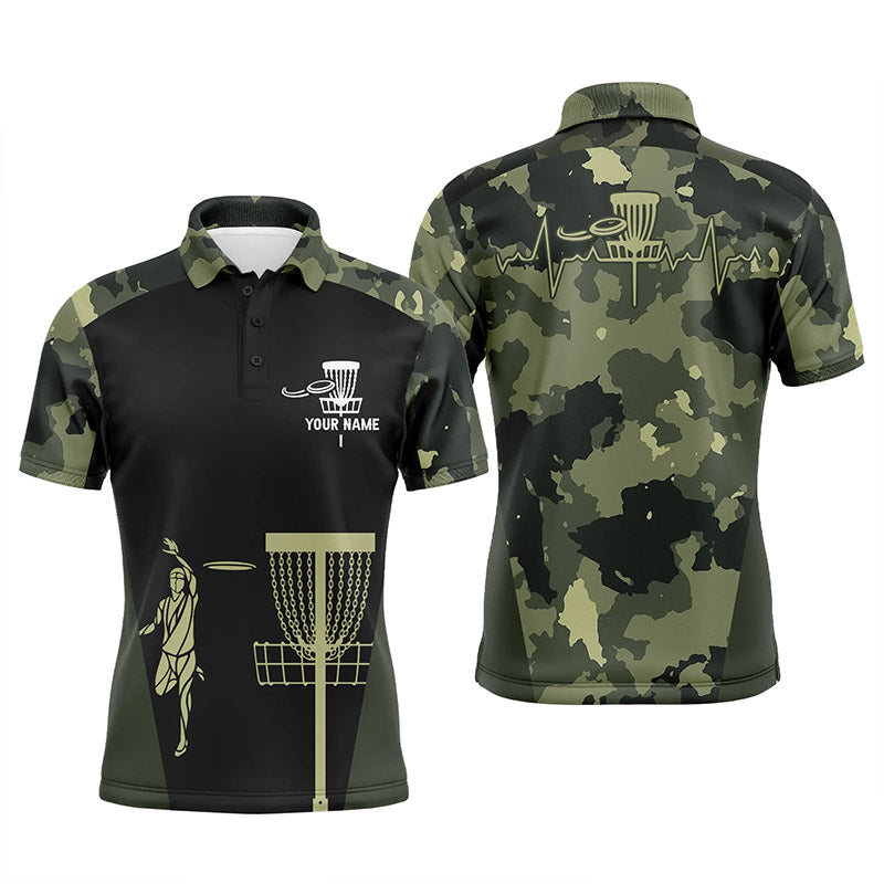 Mens disc golf polo shirt custom black camo disc golfers basket, personalized disc golf gifts NQS5314