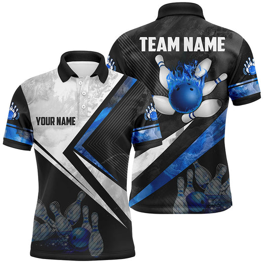 Black and white Bowling polo Shirt for men Custom bowling ball pins team Bowler Jerseys | Blue NQS6447