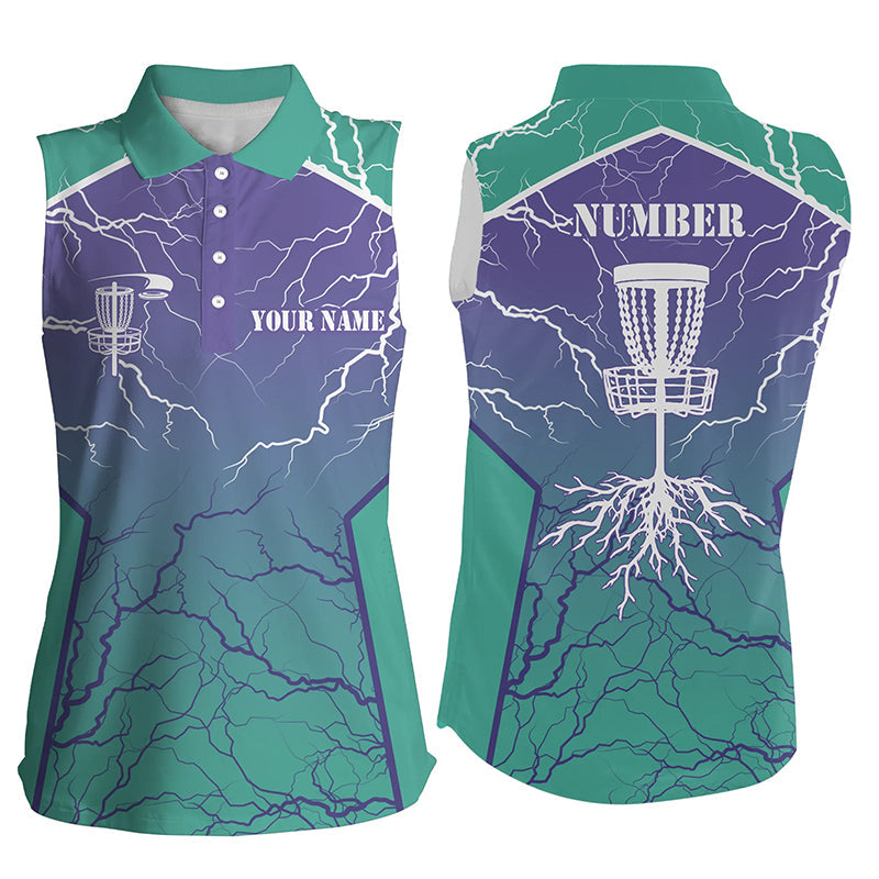 Womens sleeveless Disc golf polo shirts lightning thunder custom disc golf jerseys | Turquoise NQS6682