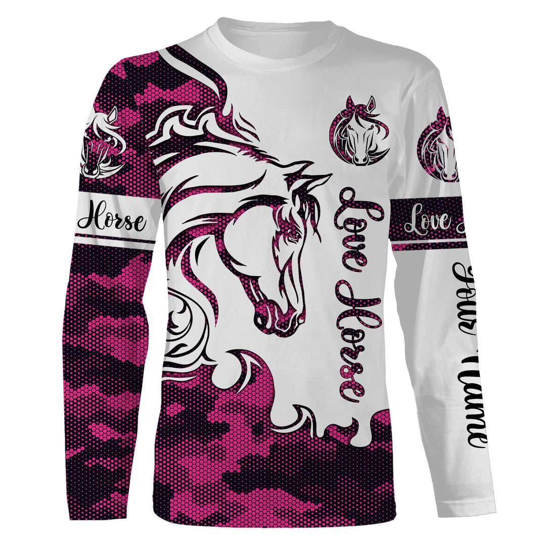 Love Horse pink camo Customize Name 3D All Over Printed Shirts Personalized Horse Lovers gift For Adult, Kid, horse shirt for girl NQS2692