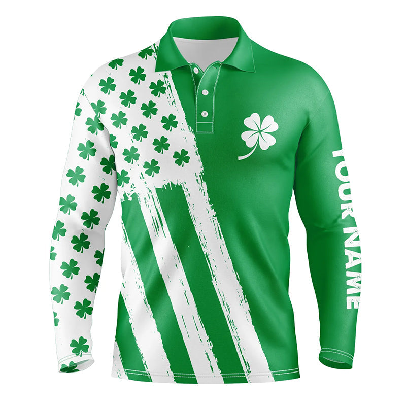 Mens golf polo shirt custom name green clover American flag St Patrick day golf shirts, golfing gifts NQS7068