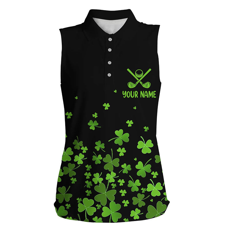 Womens Sleeveless golf polos shirts custom green clover St Patrick's Day black pattern golf polos NQS7183