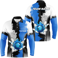 Load image into Gallery viewer, Black white bowling fire league jerseys custom Men Bowling Polo Shirt, gifts for bowler | Blue NQS7189