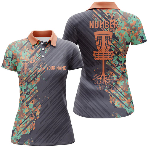 Womens disc golf polo shirts custom name Grunge Camo disc golf basket, personalized disc golf apparel NQS7200