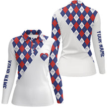 Load image into Gallery viewer, Personalized red white and blue argyle pattern polo bowling shirts for women, bowling heart jerseys NQS6710