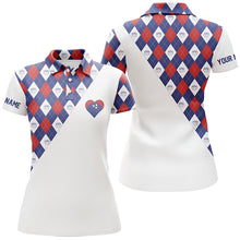 Load image into Gallery viewer, Personalized red white and blue argyle pattern polo bowling shirts for women, bowling heart jerseys NQS6710