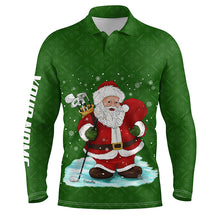 Load image into Gallery viewer, Mens golf polo shirts custom name Christmas green pattern Santa golfer, Christmas golf gift for men NQS4449