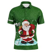 Load image into Gallery viewer, Mens golf polo shirts custom name Christmas green pattern Santa golfer, Christmas golf gift for men NQS4449