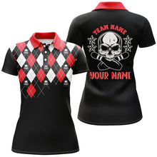 Load image into Gallery viewer, Black red argyle pattern bowling skull custom bowling polo shirts for women, bowling jerseys NQS6916