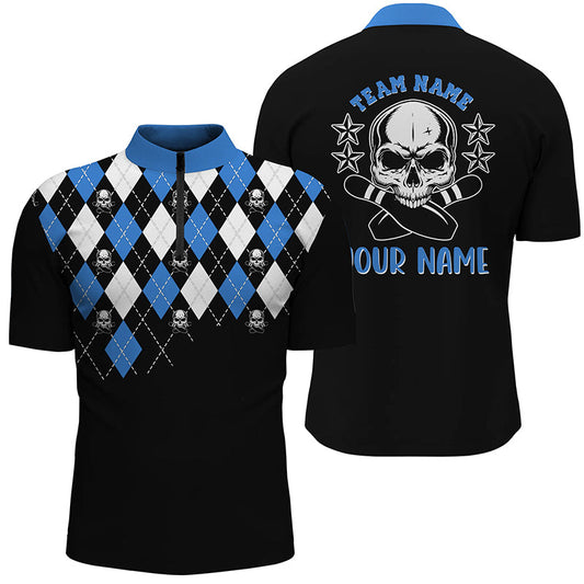 Black blue argyle pattern bowling skull custom bowling Quarter Zip shirts for men, bowling jerseys NQS6917