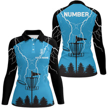Load image into Gallery viewer, Womens disc golf polo shirt blue lightning storm custom name disc golf shirt, disc golf gifts NQS7085