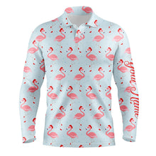 Load image into Gallery viewer, Funny Mens golf polo shirt custom Christmas pattern with tropical winter flamingos in xmas Santa hat NQS6719