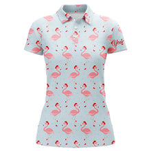 Load image into Gallery viewer, Funny Womens golf polo shirt custom Christmas pattern with tropical winter flamingos in xmas Santa hat NQS6719
