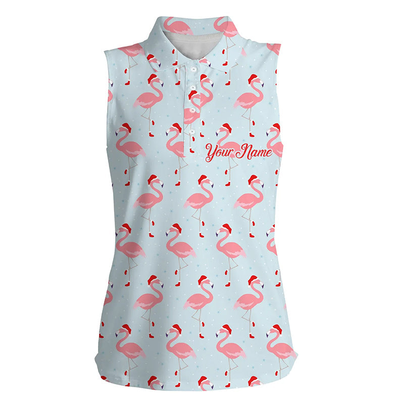 Womens sleeveless golf polos custom Christmas pattern with tropical winter flamingos in xmas Santa hat NQS6719