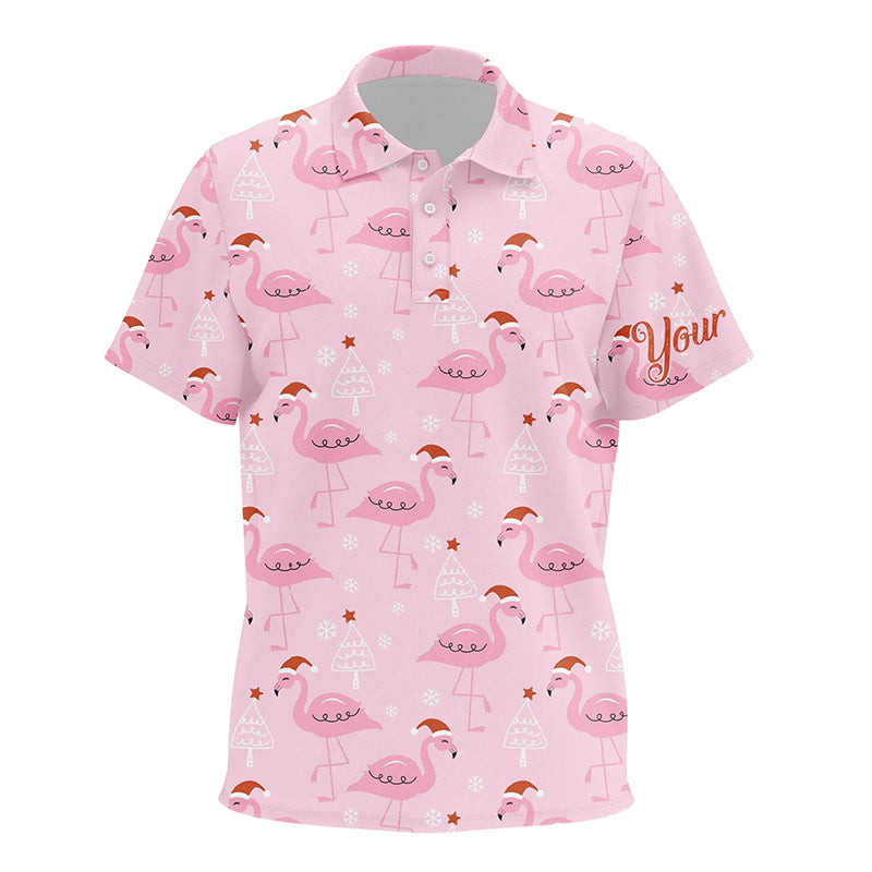 Kid golf polo shirts custom pink flamingo Christmas pattern Santa hat, Christmas golf gifts NQS6720