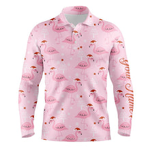 Load image into Gallery viewer, Mens golf polo shirt custom pink flamingo Christmas pattern in xmas Santa hat, Christmas golf gifts NQS6720