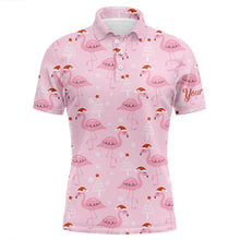 Load image into Gallery viewer, Mens golf polo shirt custom pink flamingo Christmas pattern in xmas Santa hat, Christmas golf gifts NQS6720