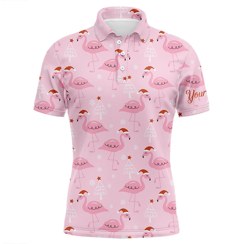 Mens golf polo shirt custom pink flamingo Christmas pattern in xmas Santa hat, Christmas golf gifts NQS6720