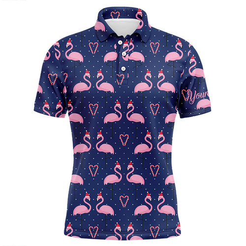 Mens golf polo shirt custom Flamingo in xmas hat with candy cane heart blue background, Xmas golf gift NQS6721