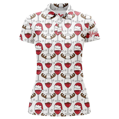 Womens golf polo shirt custom Christmas Wine glass in reindeer antler santa hat, gift for golf lovers NQS6723