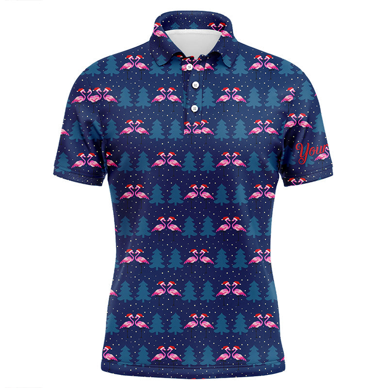 Mens golf polo shirt custom blue Christmas pattern with flamingos in hats, gift for golf lovers NQS6724