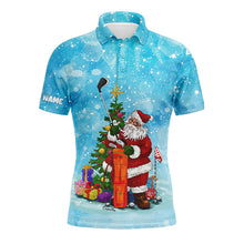 Load image into Gallery viewer, Christmas Mens golf polo shirts custom name blue snow winter Santa golfer, Christmas golf gift for men NQS4454