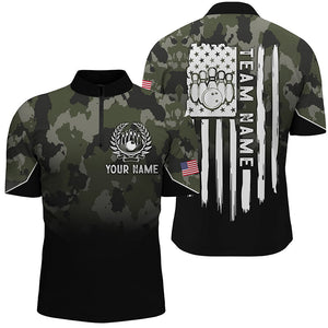 Black green camo Men's bowling Quarter Zip shirts Custom American flag patriotic bowling team jerseys NQS6263