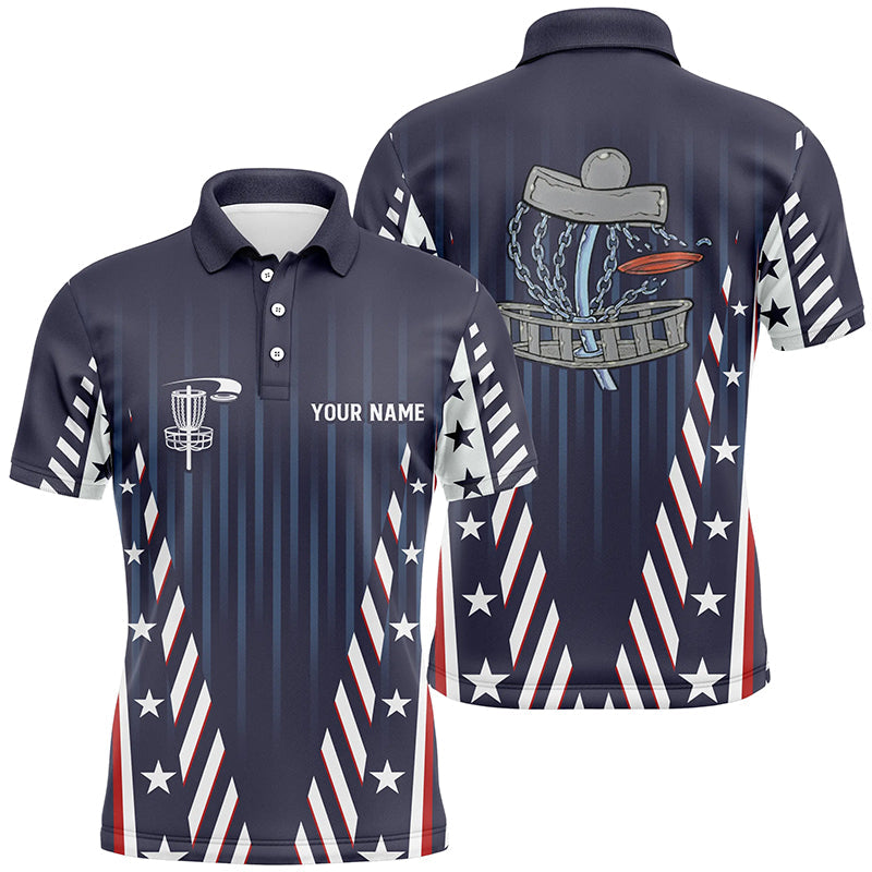 Mens disc golf polo shirts custom red white and blue stars disc golf basket team disco golf outfit NQS6267
