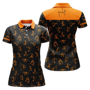 Womens golf polo shirts custom funny golf pattern, black orange polo shirt golf outfit women golf tops NQS6279