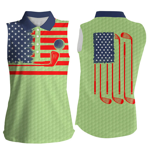 American flag patriotic womens sleeveless polo shirt green golf polo shirt, unique golf gifts NQS6479