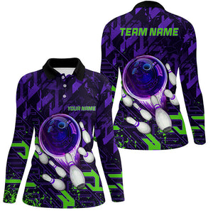 Women bowling polo shirts Custom purple green abstract Bowling Team league Jerseys, bowling gifts NQS7102