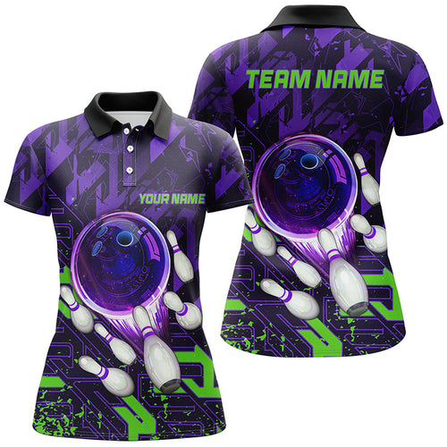 Women bowling polo shirts Custom purple green abstract Bowling Team league Jerseys, bowling gifts NQS7102