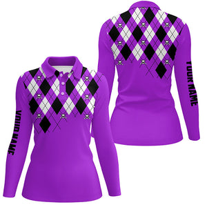 Womens golf polo shirt purple argyle plaid golf skull pattern custom ladies purple golf tops NQS7213