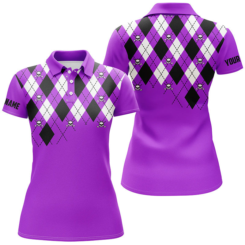 Womens golf polo shirt purple argyle plaid golf skull pattern custom ladies purple golf tops NQS7213